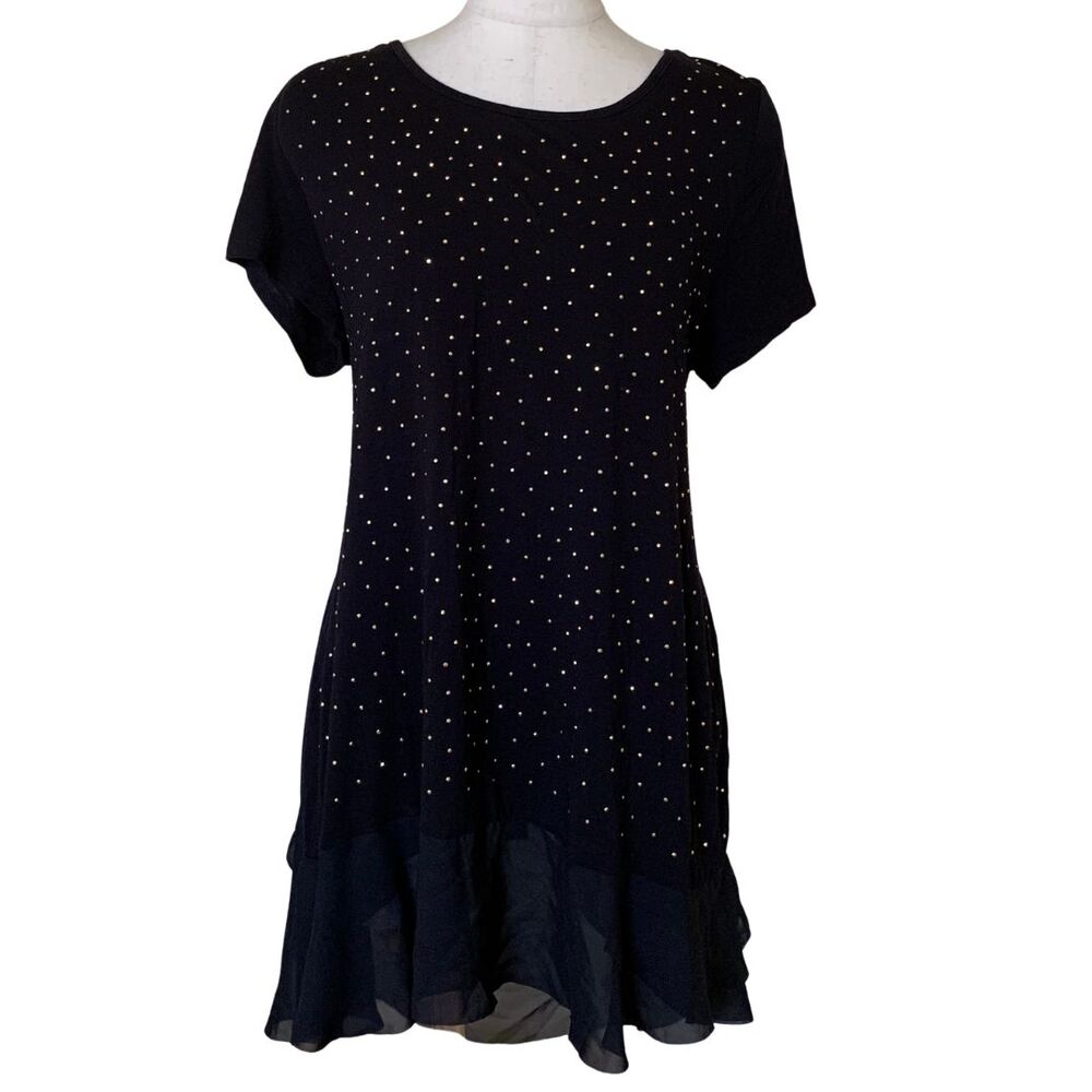 Flowy Black Tunic Top with Gold Studs & Sheer Hem – Size XL